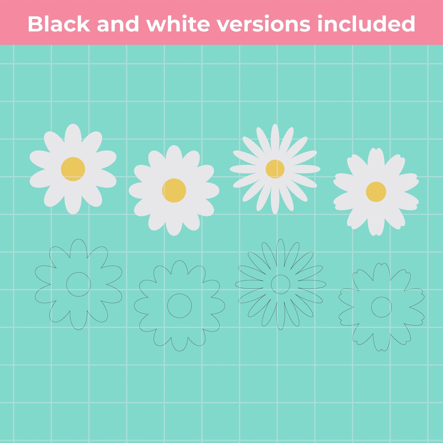 White daisies with yellow centers on a teal grid background, with text indicating black and white versions included.