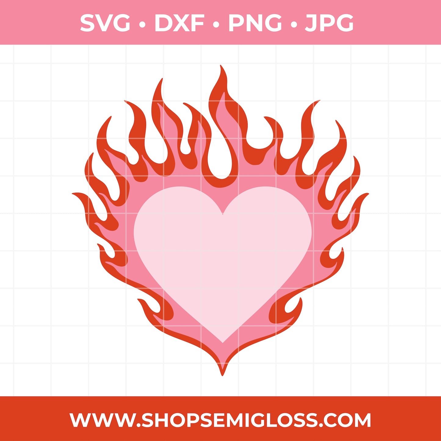 Heart with flames design on a white background with file format options above and a website URL below.