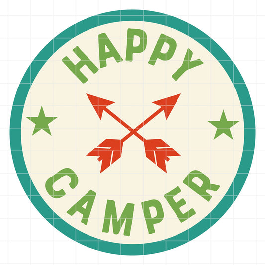 Circular logo with 'Happy Camper' text and crossed arrows on a beige background
