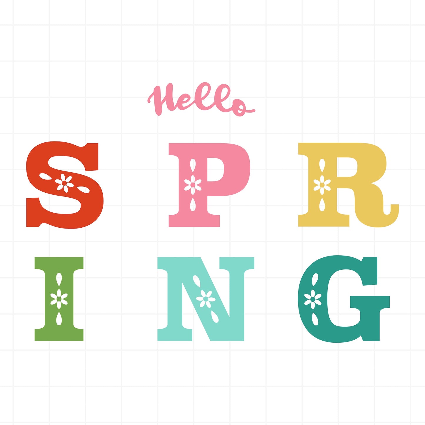Colorful 'Hello Spring' text on a white background