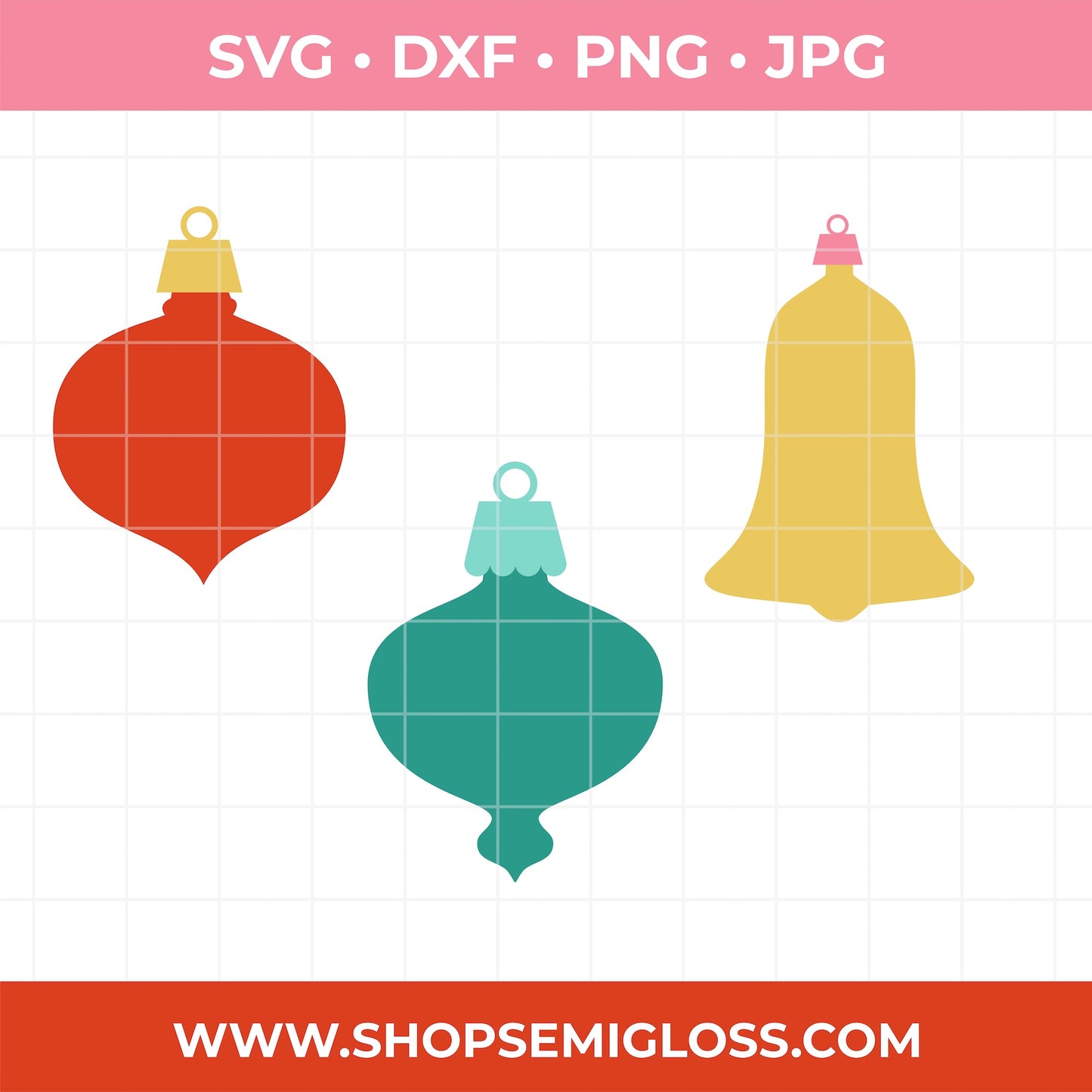 Three colorful Christmas ornaments on a grid background with file format options above and a website URL below.
