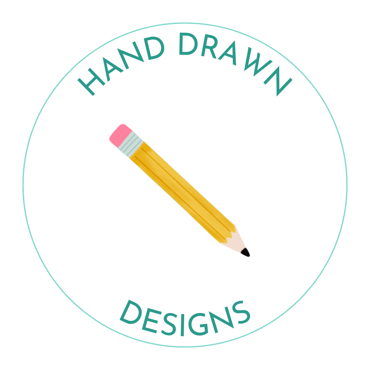 Illustration of a yellow pencil with a pink eraser inside a circle labeled 'Hand Drawn Designs'.