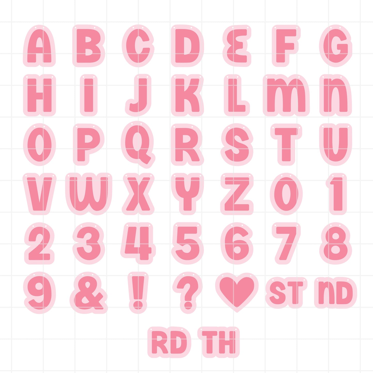 Set of pink letters and numbers on a white background