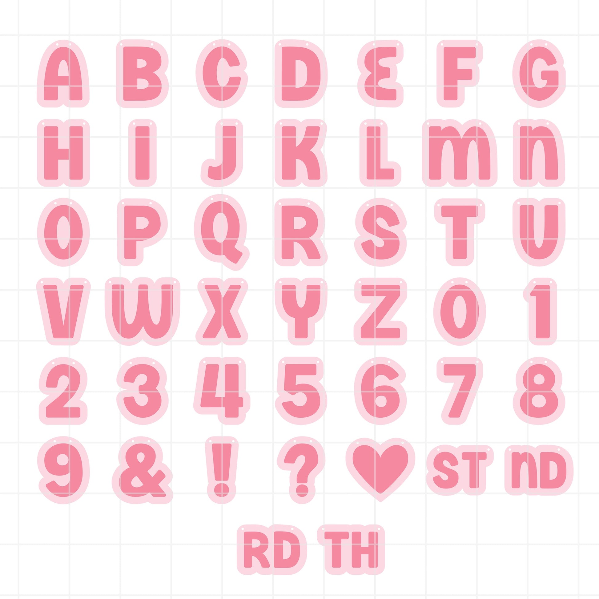 Set of pink letters and numbers on a white background