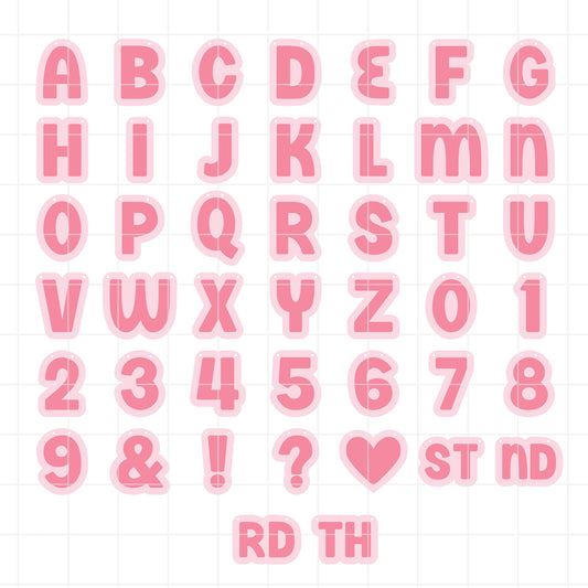 Set of pink letters and numbers on a white background