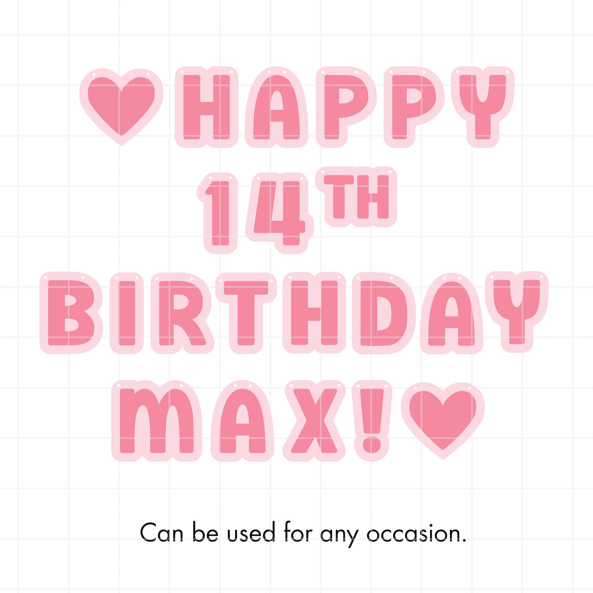Happy 14th birthday greeting with hearts on a light pink background