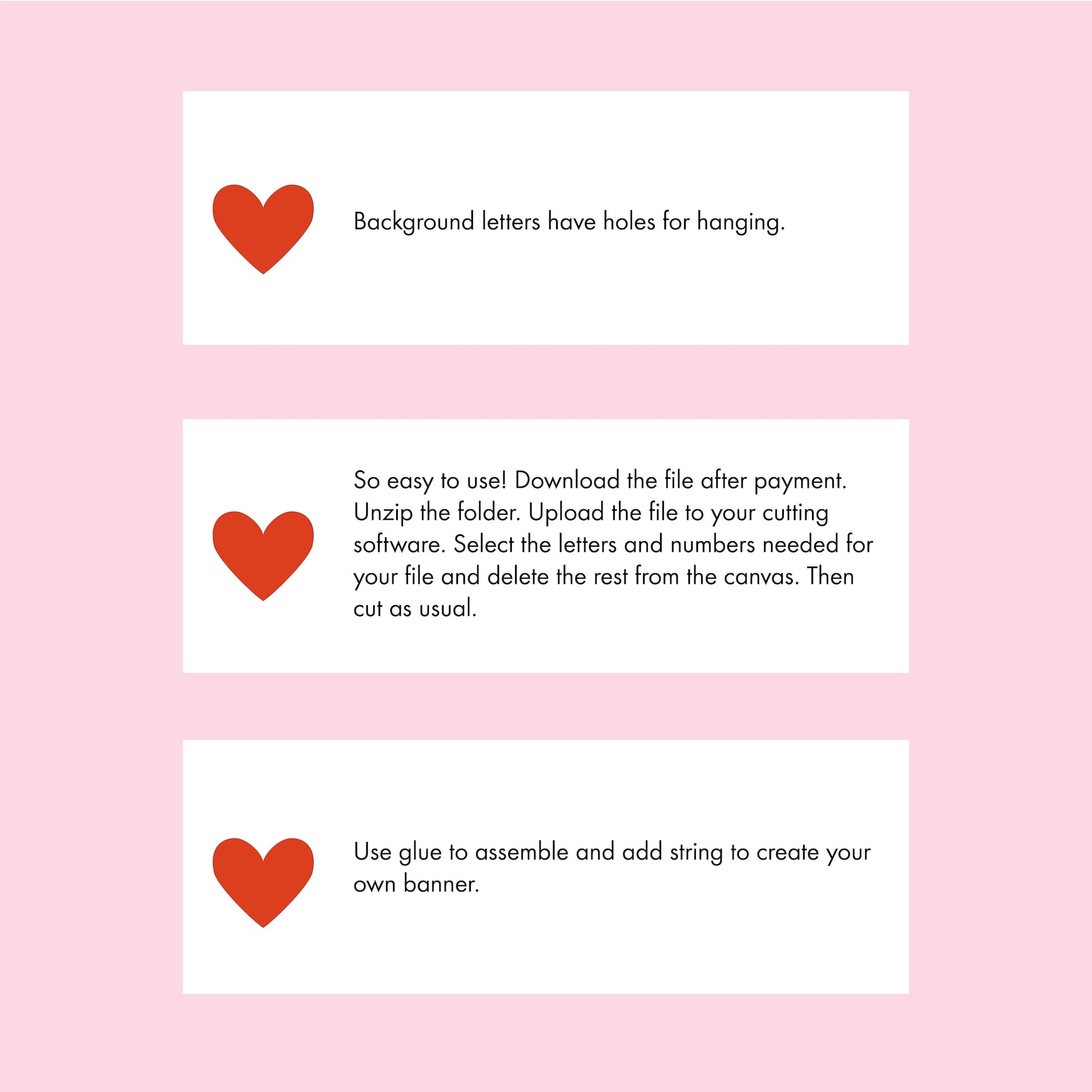 Instructions for using heart-shaped cutouts with text on a pink background