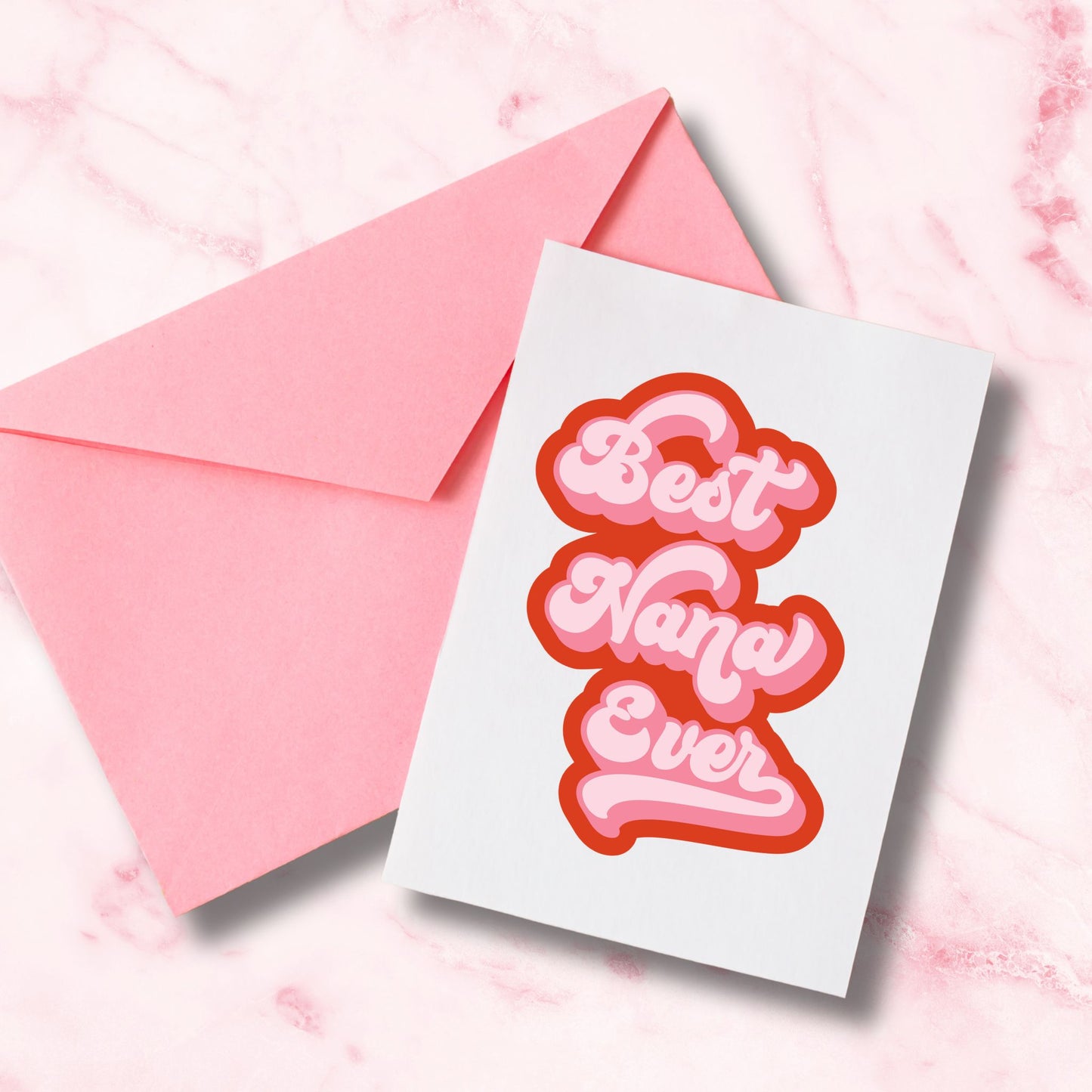 Greeting card with 'Best Name Ever' text on a pink envelope against a pink marble background