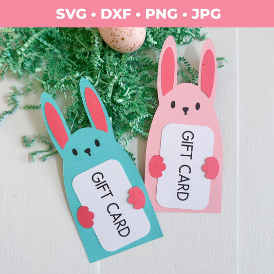 Two bunny-shaped gift card holders on a white background with greenery.