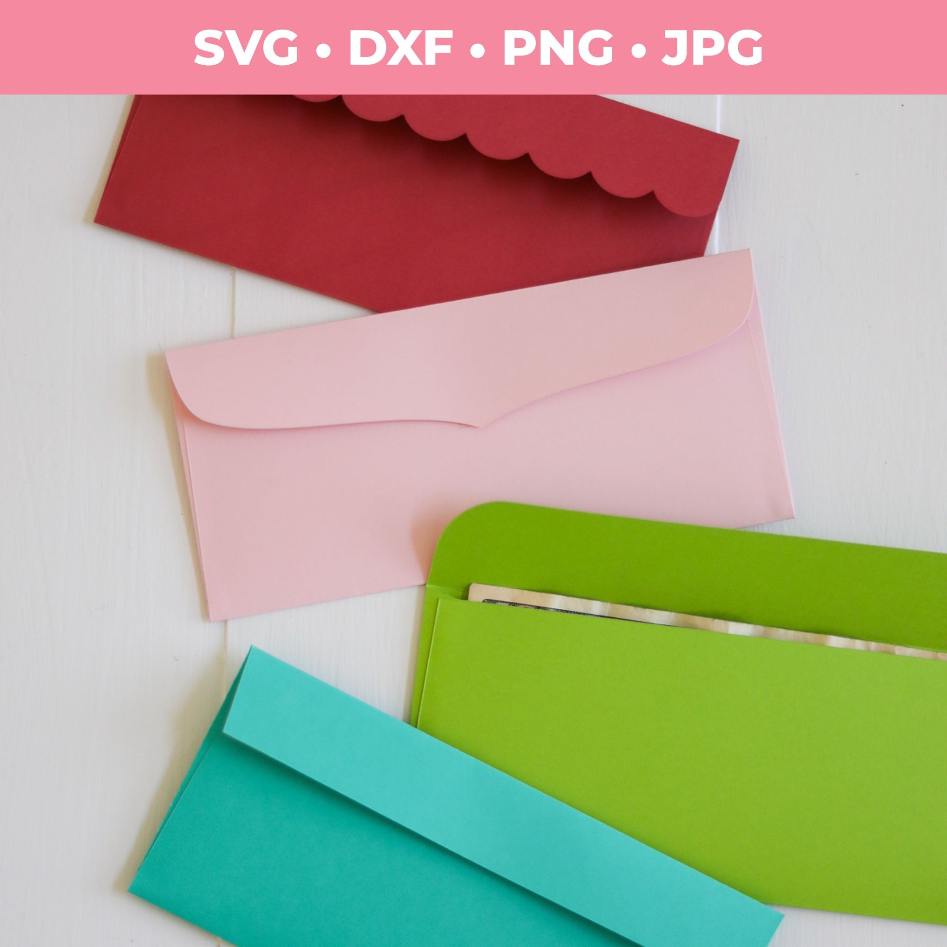 Four colorful envelopes (red, pink, green, teal) on a light background with file format text at the top.