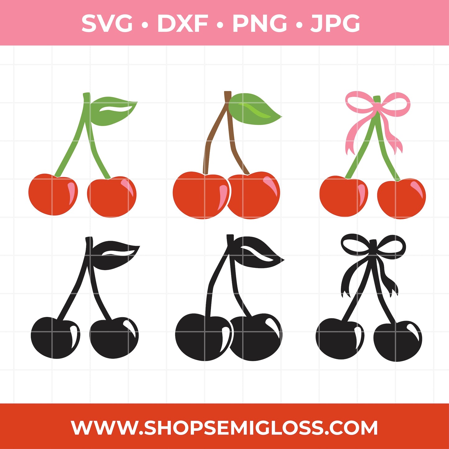 Set of cherry illustrations in various styles with a pink and red background.