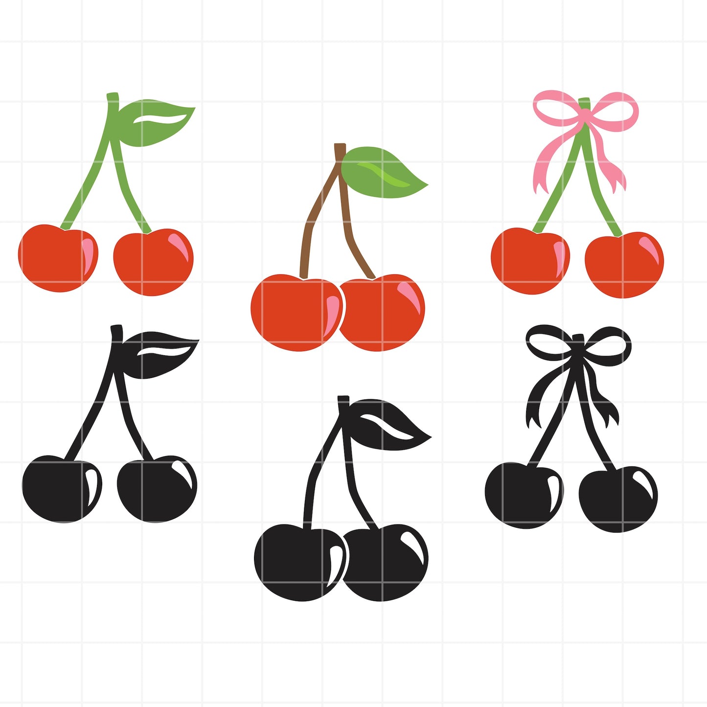 Illustrations of cherries in various styles on a white background