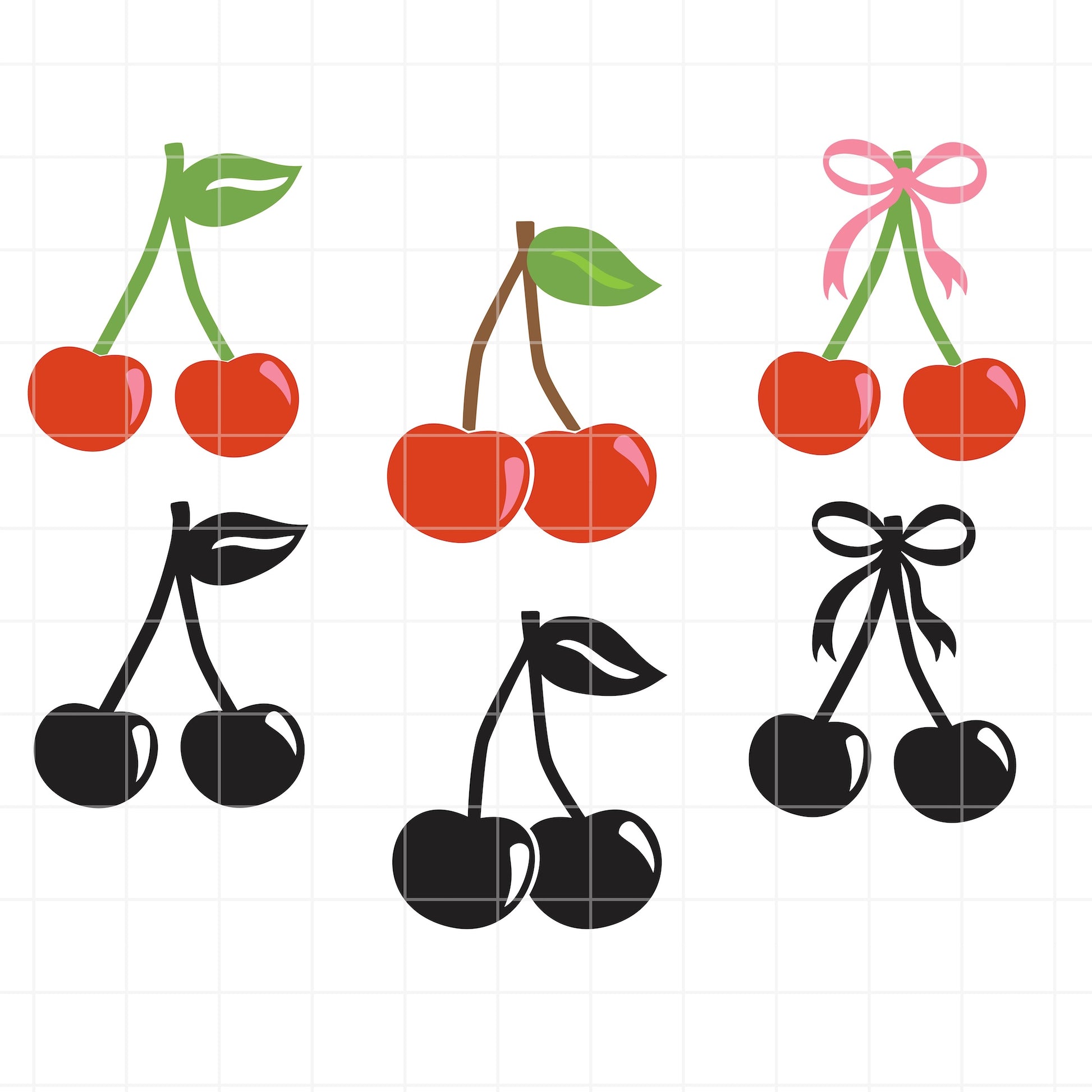 Illustrations of cherries in various styles on a white background