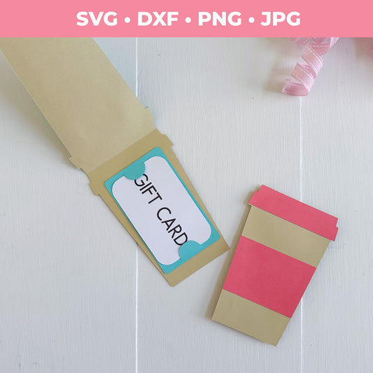 Two cardboard gift card holders with a 'Gift Card' label on a white background, featuring SVG, DXF, PNG, and JPG file formats text.