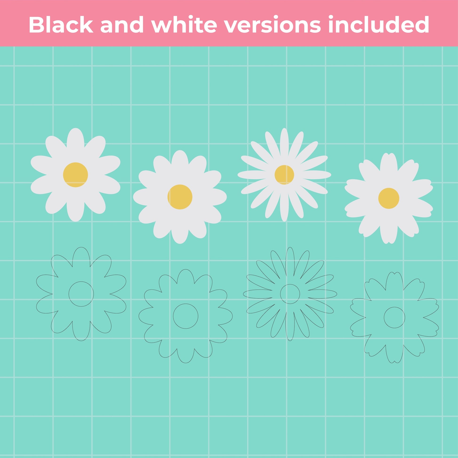 White daisies with yellow centers on a teal grid background, with text indicating black and white versions included.
