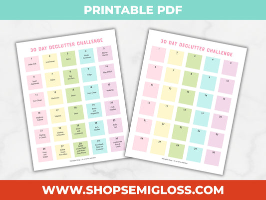 Two printable PDF pages for a 30-day declutter challenge with colorful squares on a light gray background.