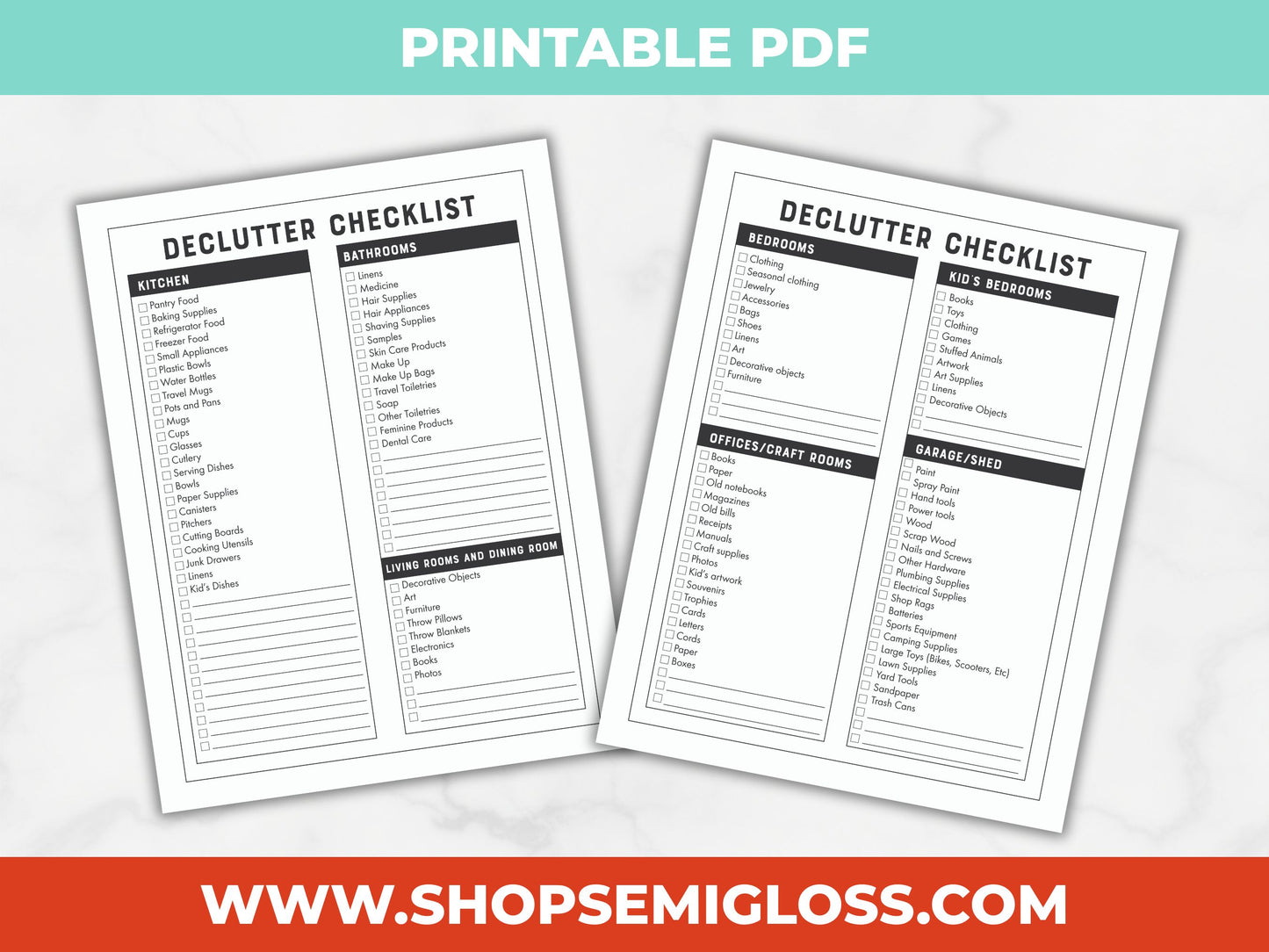 Two declutter checklist pages on a light gray background with 'Printable PDF' text at the top.
