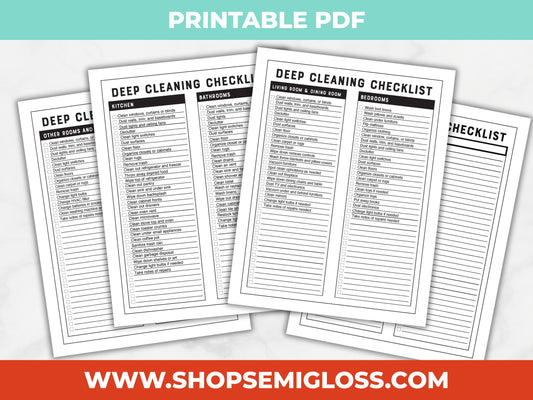 Printable deep cleaning checklists on a white background with a teal and red banner at the top and bottom.