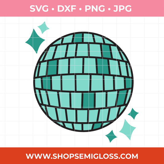 Teal disco ball with star shapes on a white background, featuring file format options and a website URL.