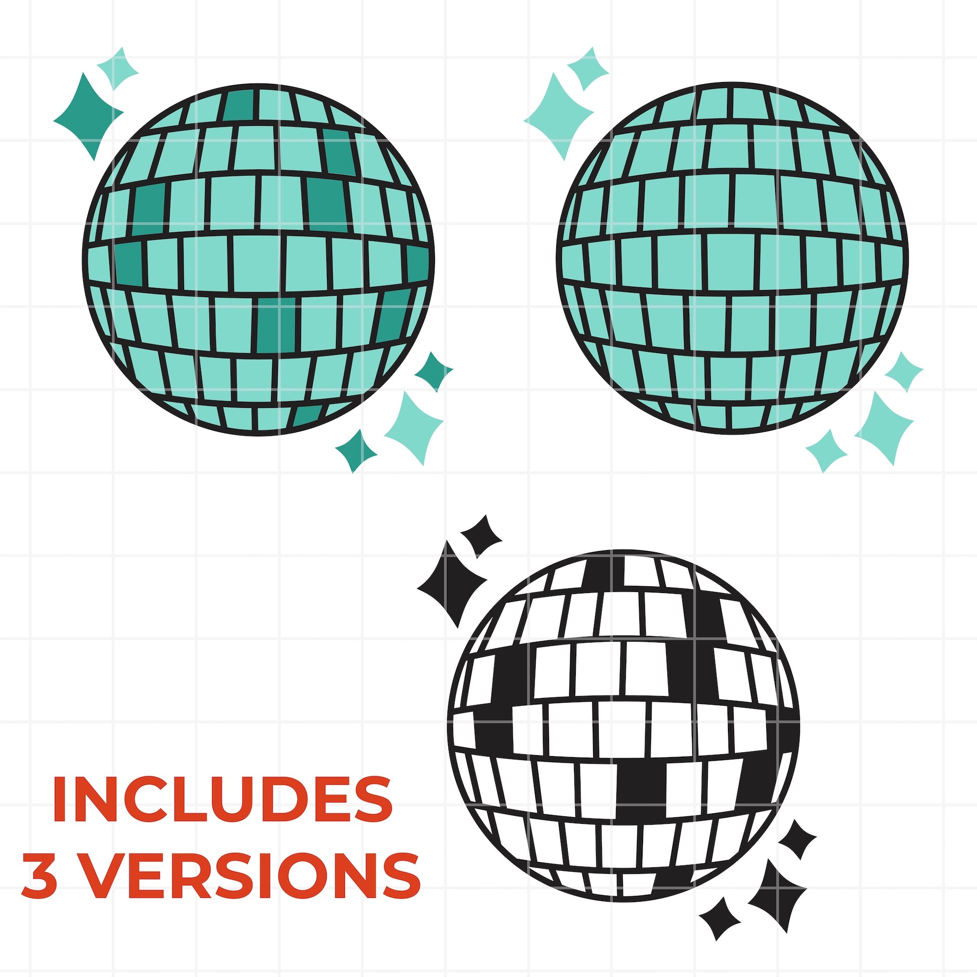 Three disco ball designs with text indicating 'Includes 3 versions' on a white background.