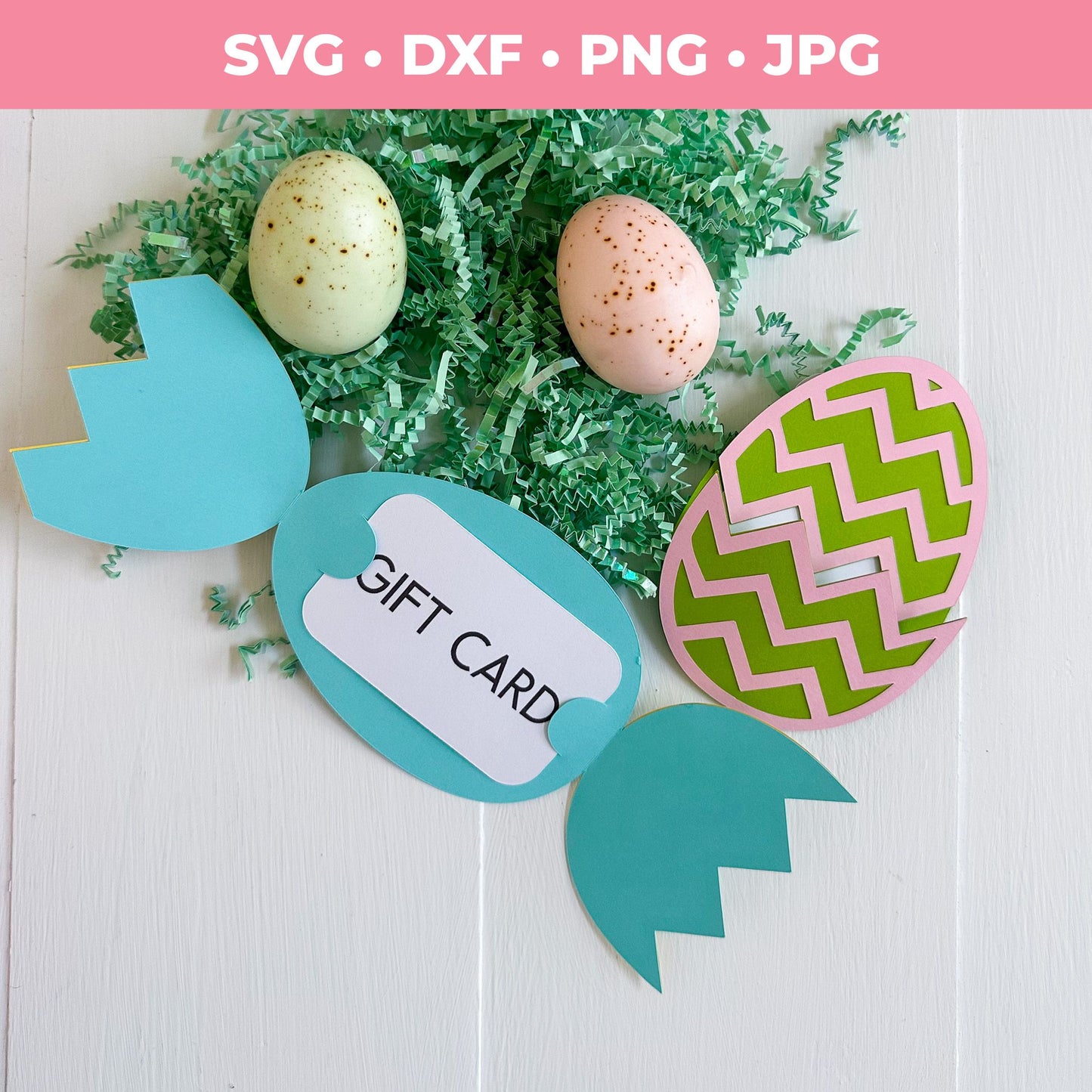 Easter-themed gift card holder with eggs and decorative elements on a white background