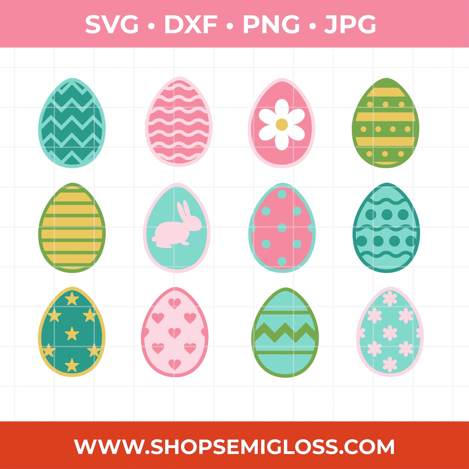 Collection of colorful Easter egg designs with various patterns on a white background, featuring the website www.shopsemigloss.