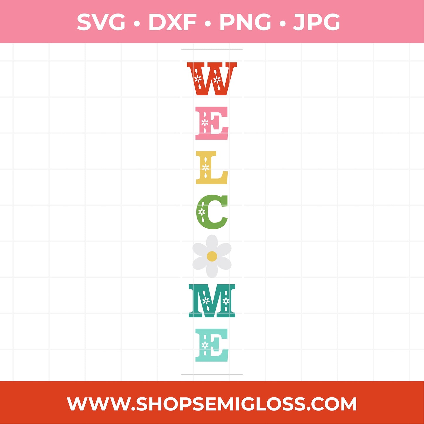 Colorful 'Welcome' text with a daisy on a white background, featuring file format options and a website URL.