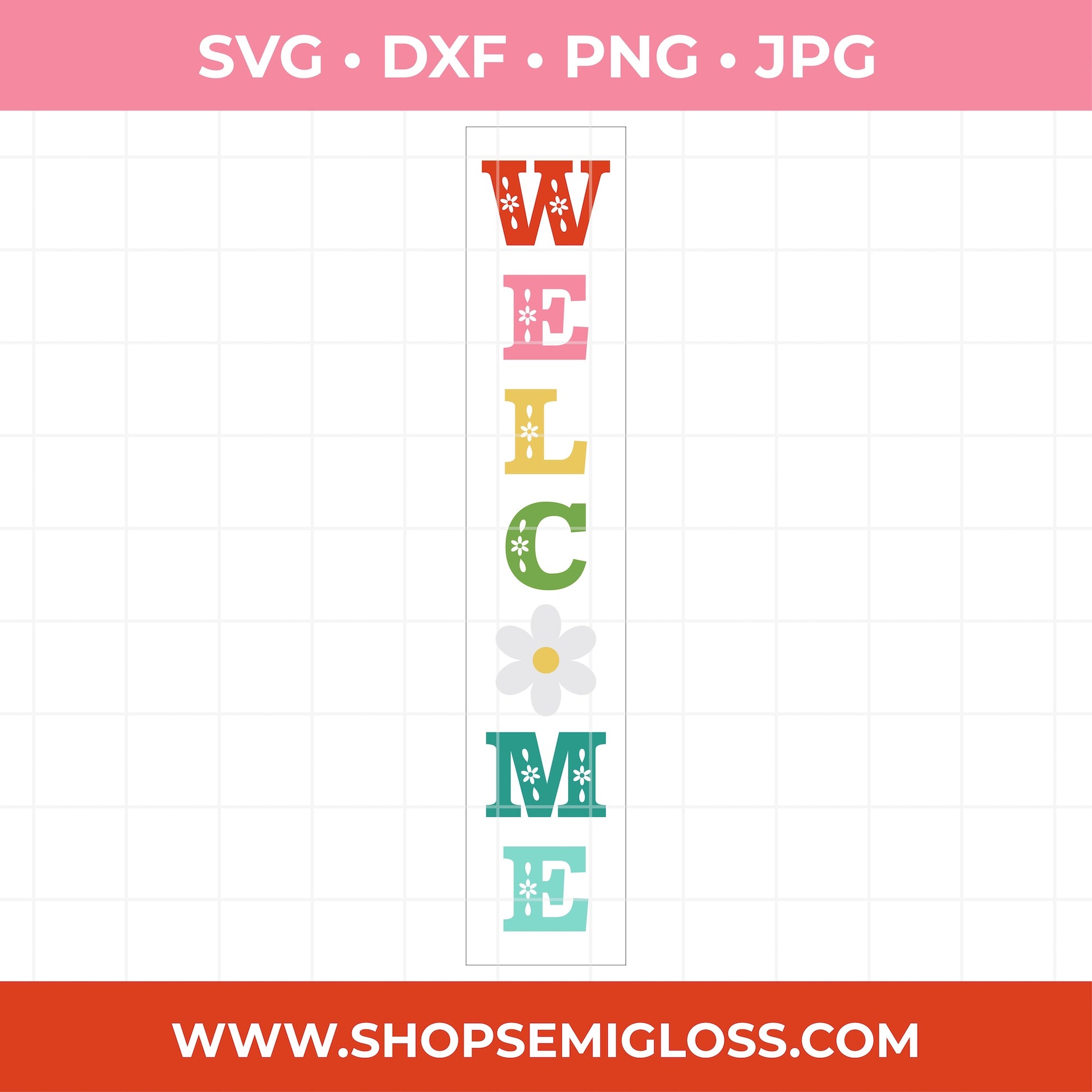 Colorful 'Welcome' text with a daisy on a white background, featuring file format options and a website URL.