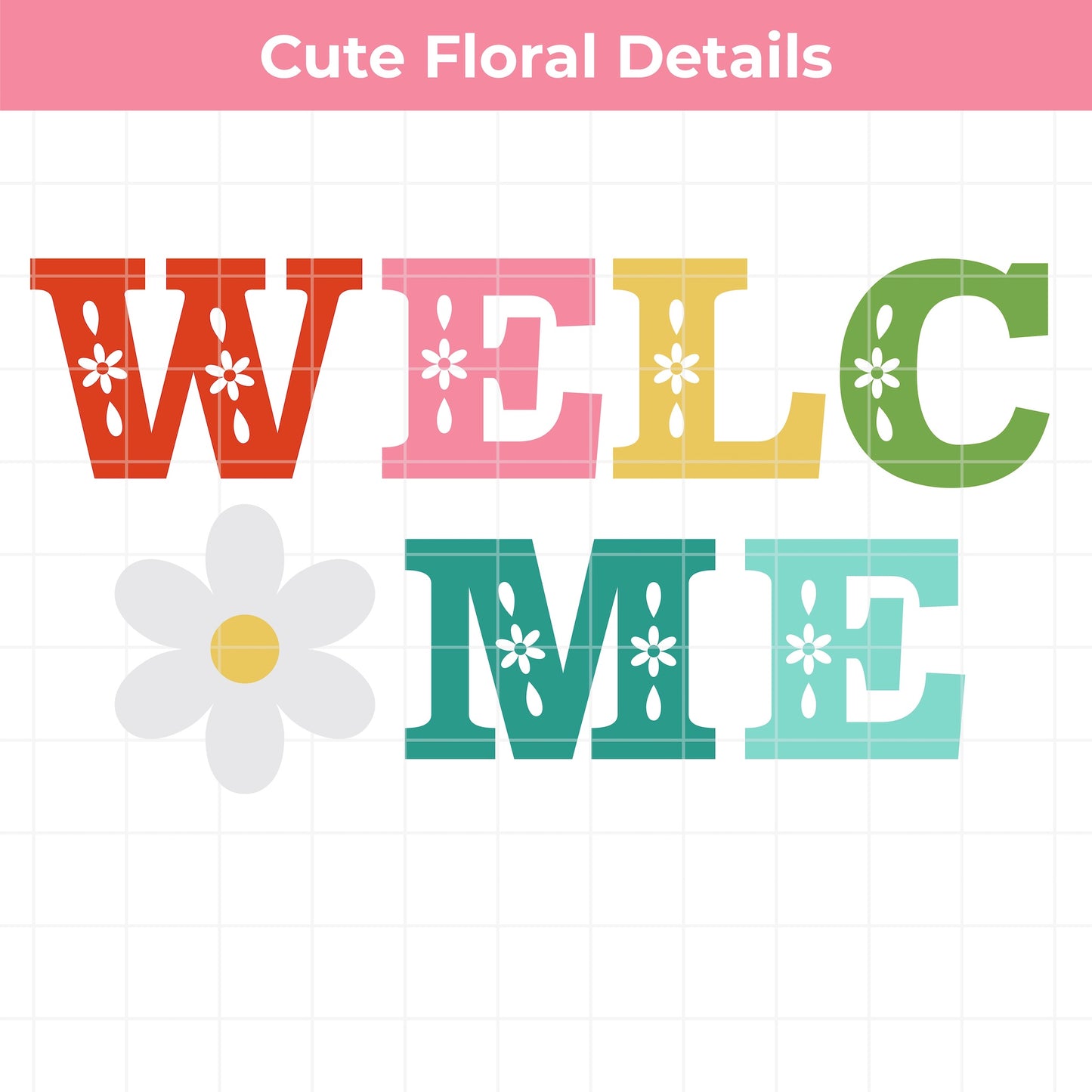 Colorful 'WELCOME' text with floral details on a white background