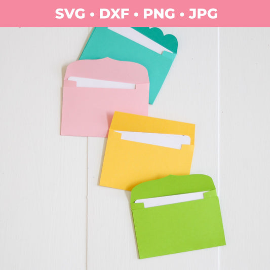 Three colorful paper envelopes (pink, yellow, green) with white cards on a light background.