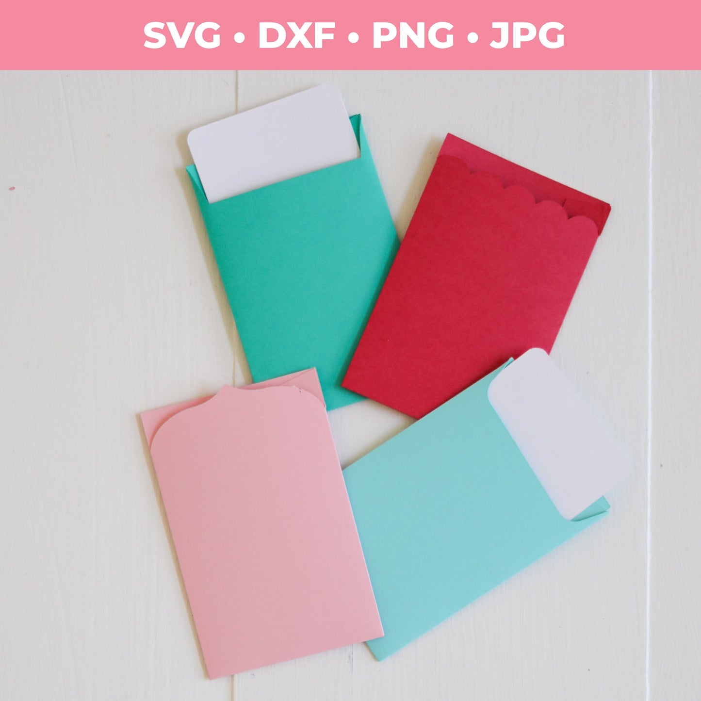 Four colorful paper envelopes on a white surface with the file formats listed at the top.