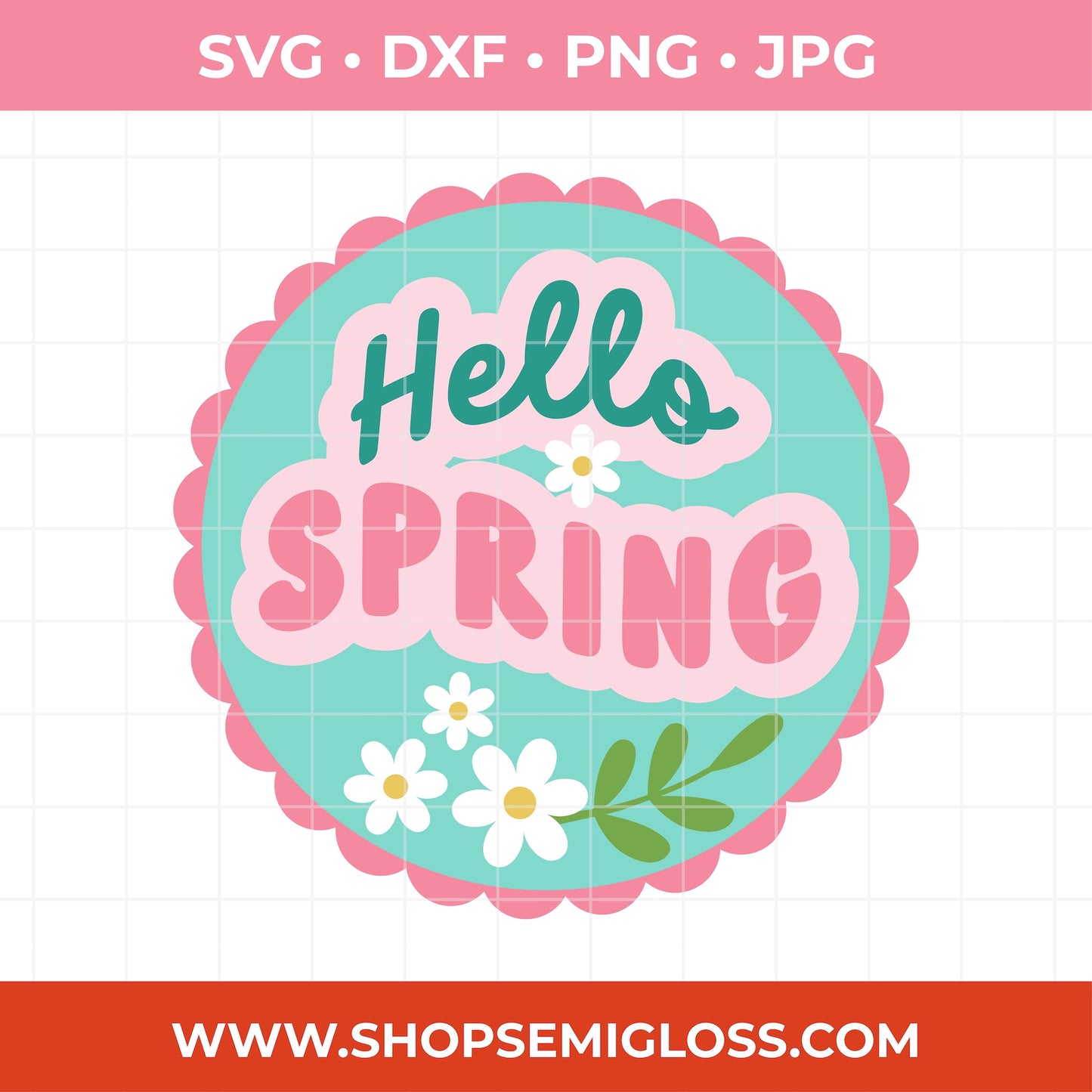 Decorative 'Hello Spring' design with flowers on a white background, featuring file format options and a website URL.