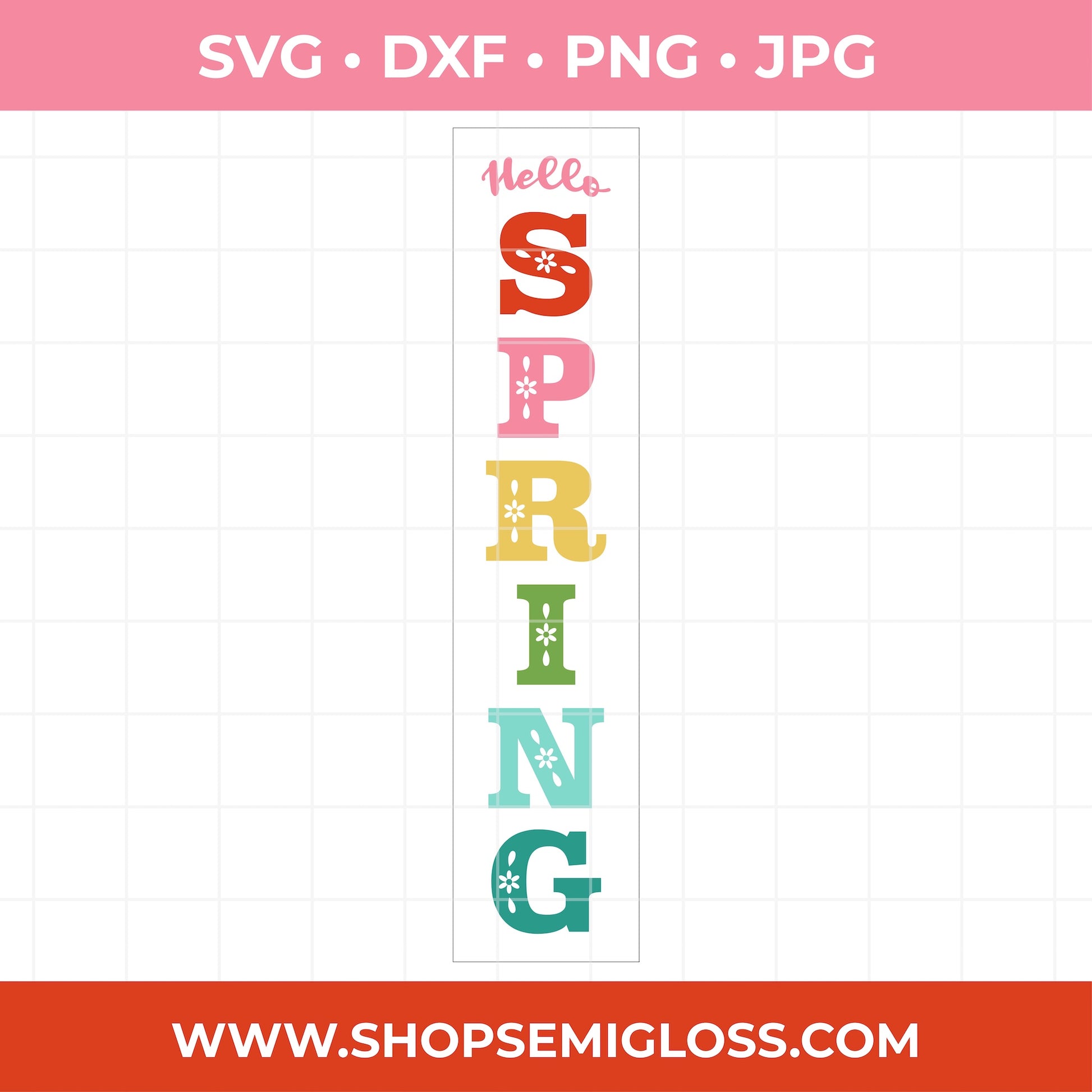 Colorful 'Hello Spring' text design with file format options above and a website URL below on a white background.