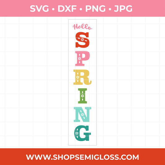 Colorful 'Hello Spring' text design with file format options above and a website URL below on a white background.