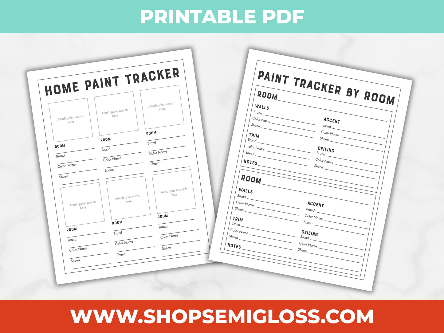 Two printable home paint tracker sheets on a light gray background with a Shop Semigloss.com banner at the bottom.