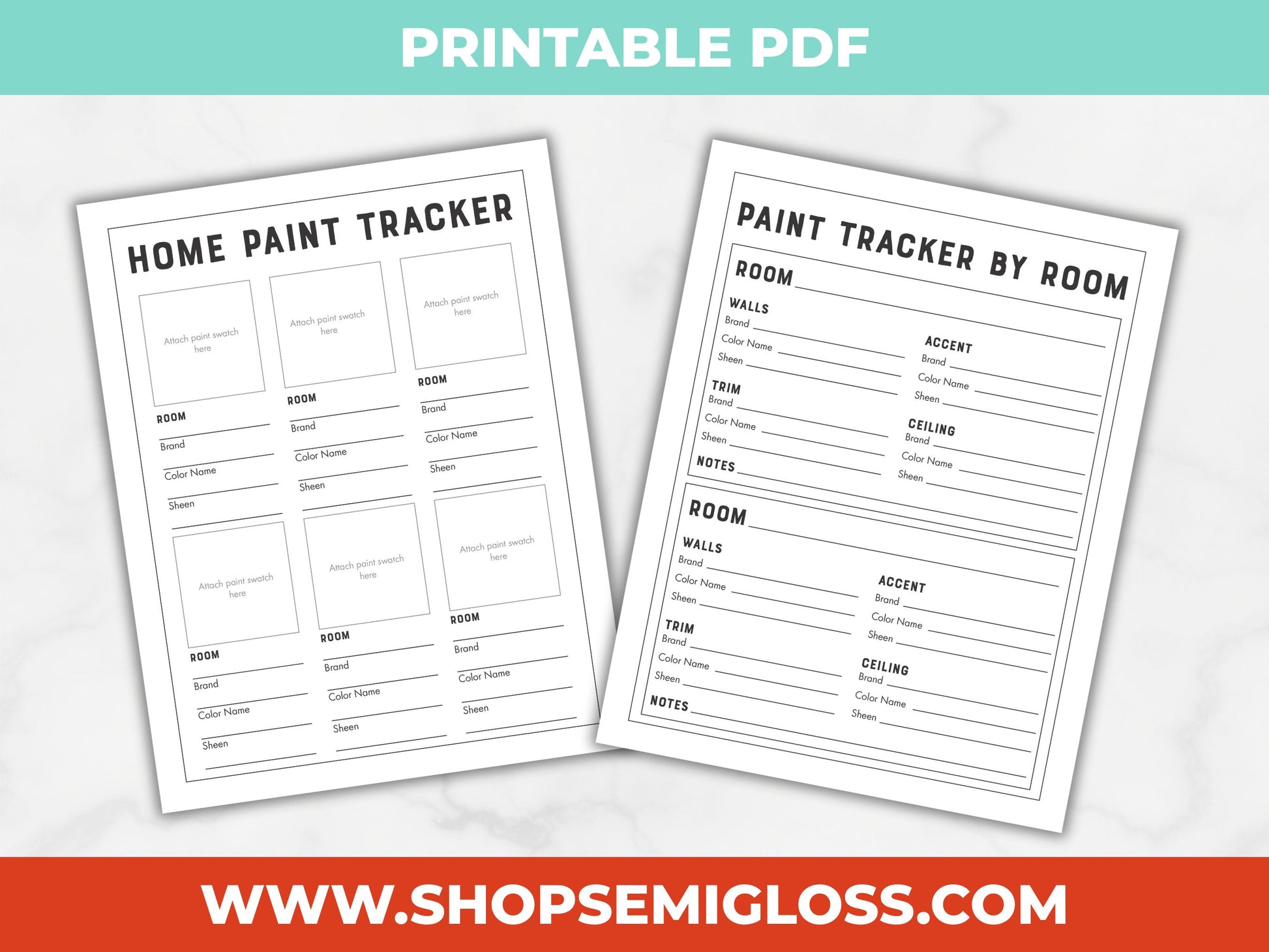 Two printable home paint tracker sheets on a light gray background with a Shop Semigloss.com banner at the bottom.