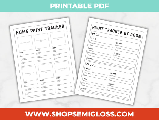 Two printable home paint tracker sheets on a light gray background with a Shop Semigloss.com banner at the bottom.