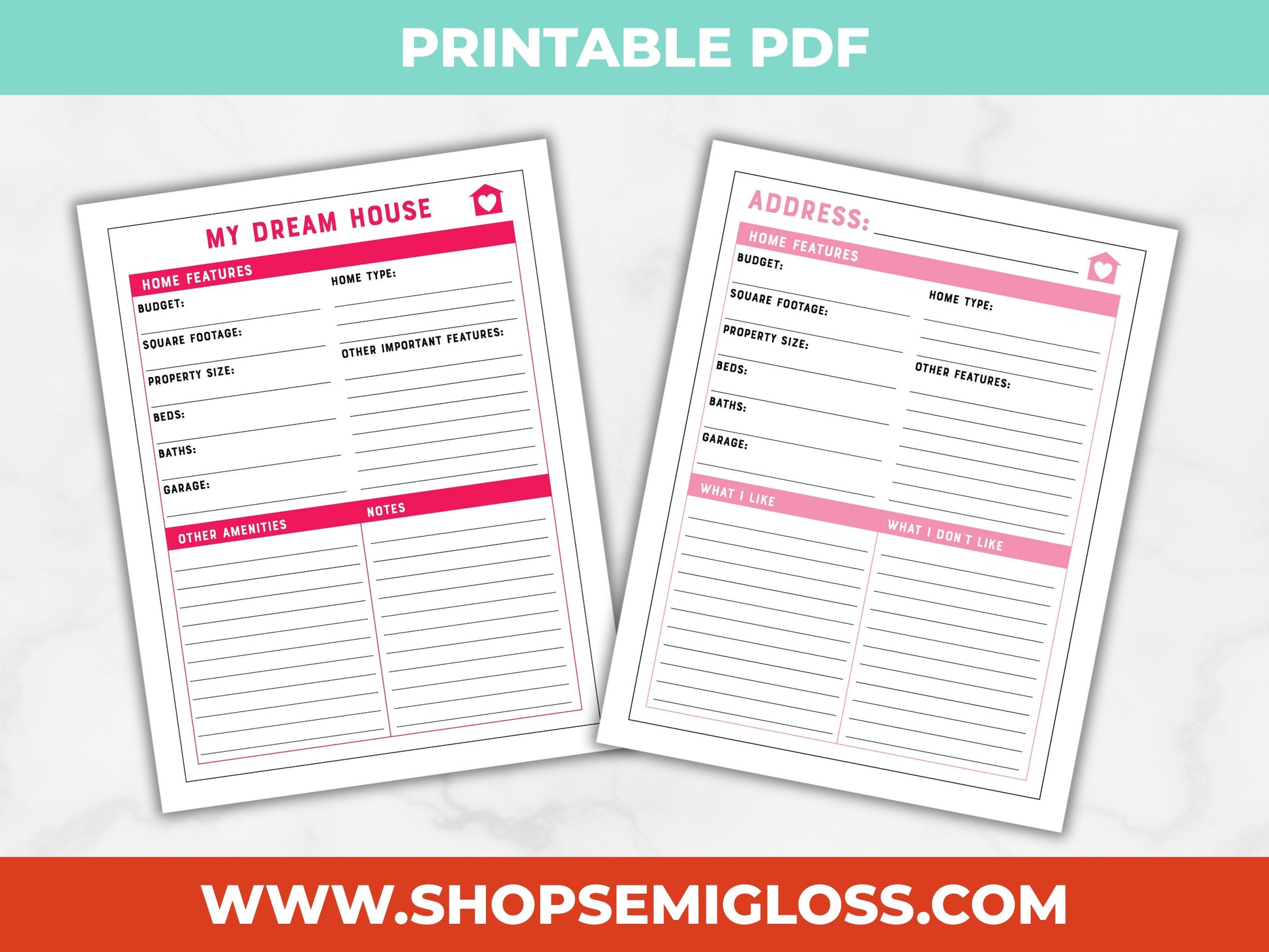Two printable PDF pages for tracking home features and address details on a light gray background with a teal and red banner at the top and bottom.