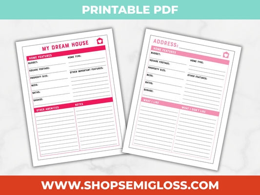 Two printable PDF pages for tracking home features and address details on a light gray background with a teal and red banner at the top and bottom.
