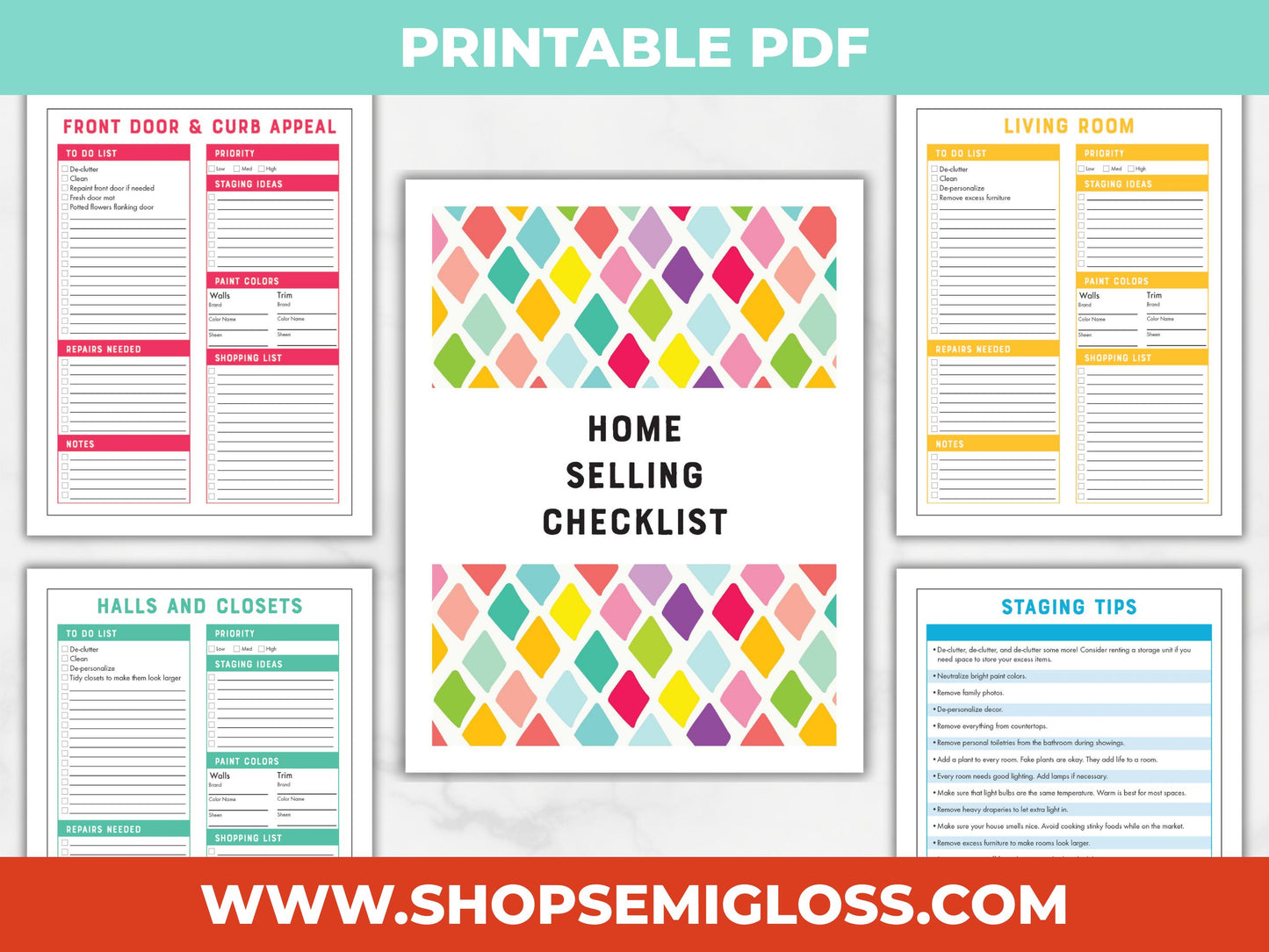 Home selling checklist with colorful design and Shop Semigloss branding.