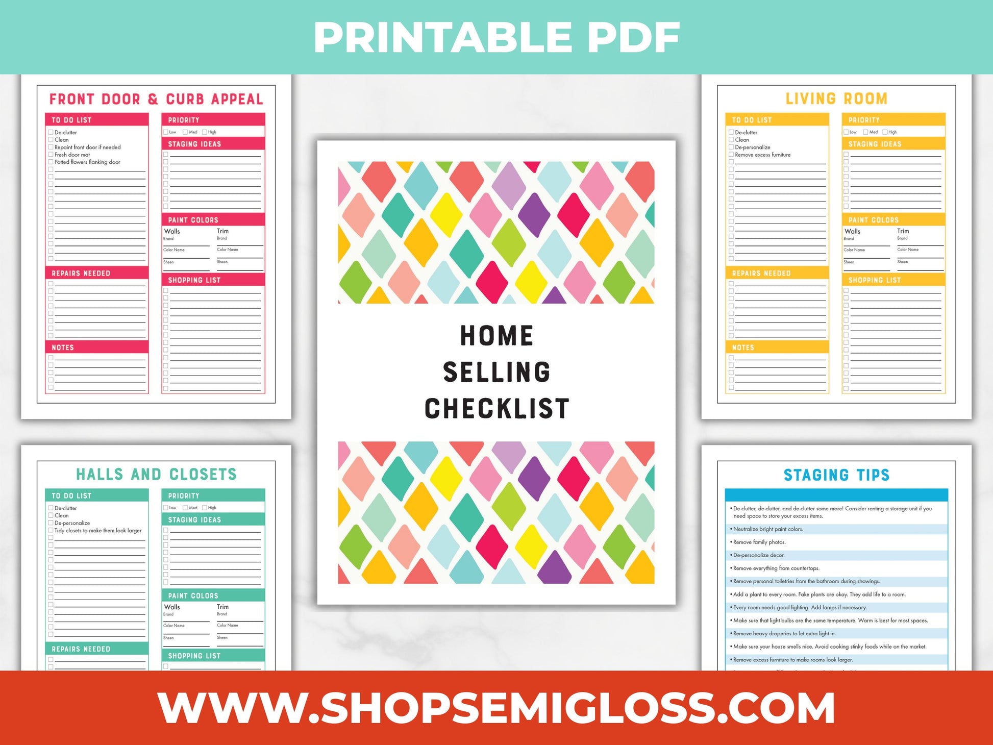 Home selling checklist with colorful design and Shop Semigloss branding.
