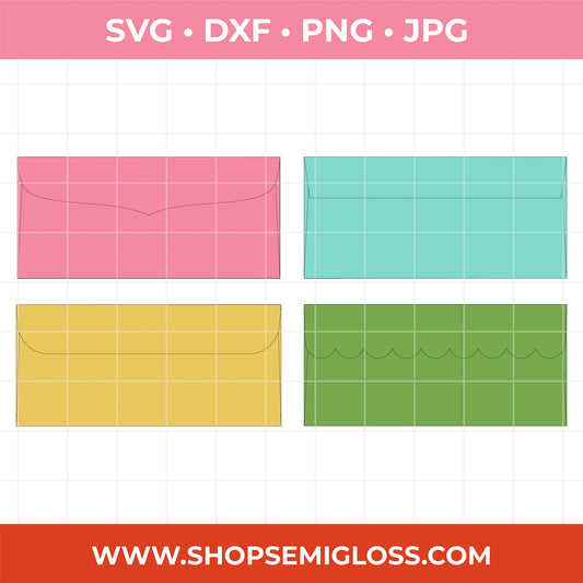 Four colorful envelopes with grid patterns on a white background, with file format options above and a website URL below.