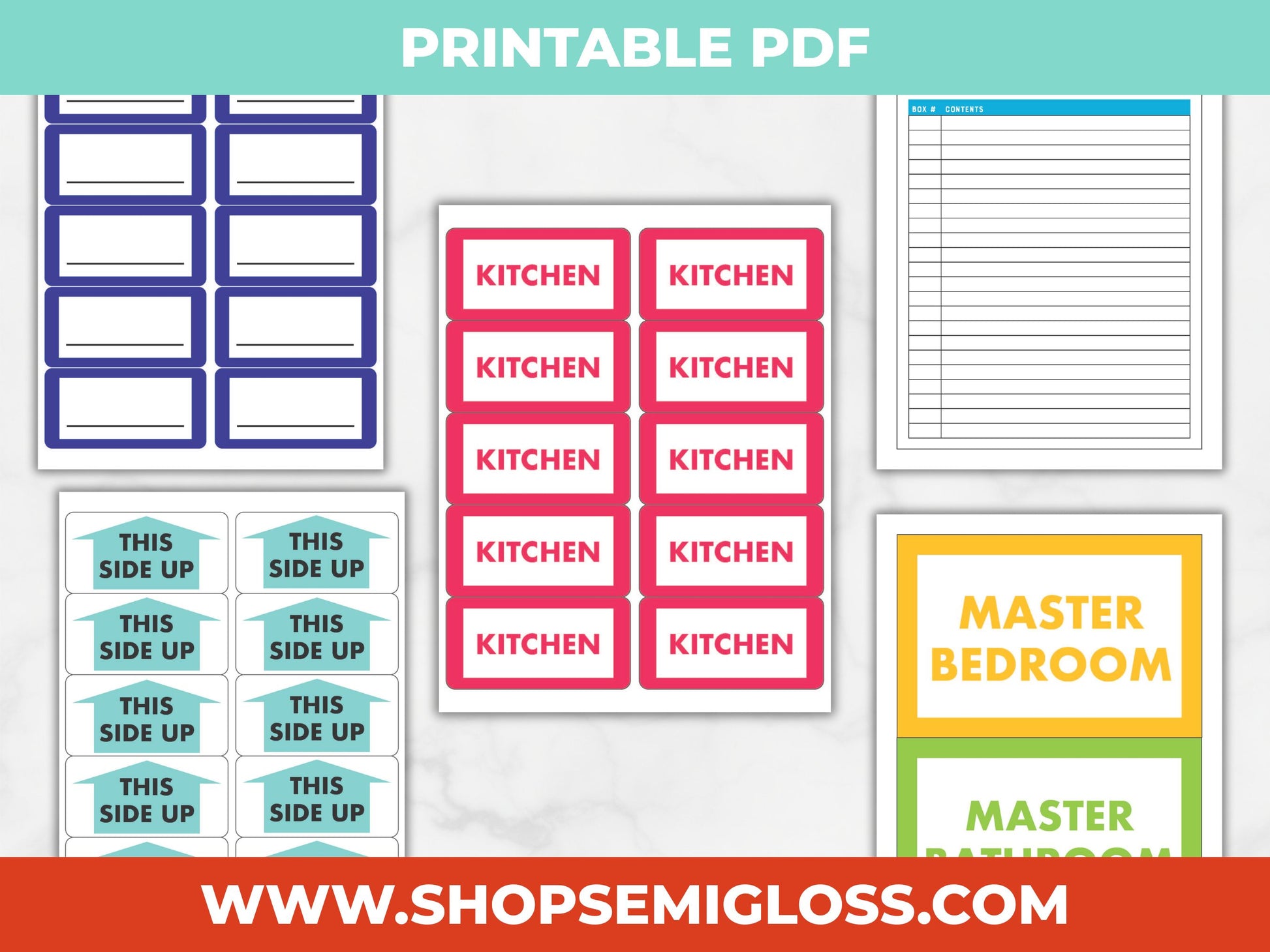 Collection of printable moving box labels and organizers with various designs on a white background.