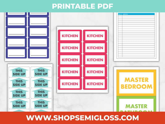 Collection of printable moving box labels and organizers with various designs on a white background.