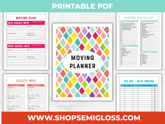 Moving planner with colorful geometric design and printable PDF text on a white background.