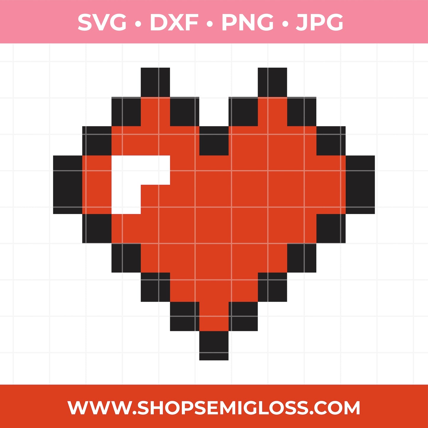 Pixelated heart design with black outlines on a white background, featuring file format options and a website URL.