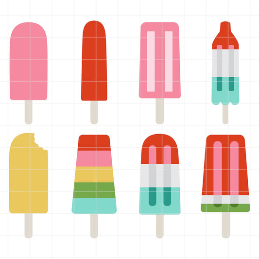 Illustrations of colorful popsicle SVG designs on a white background