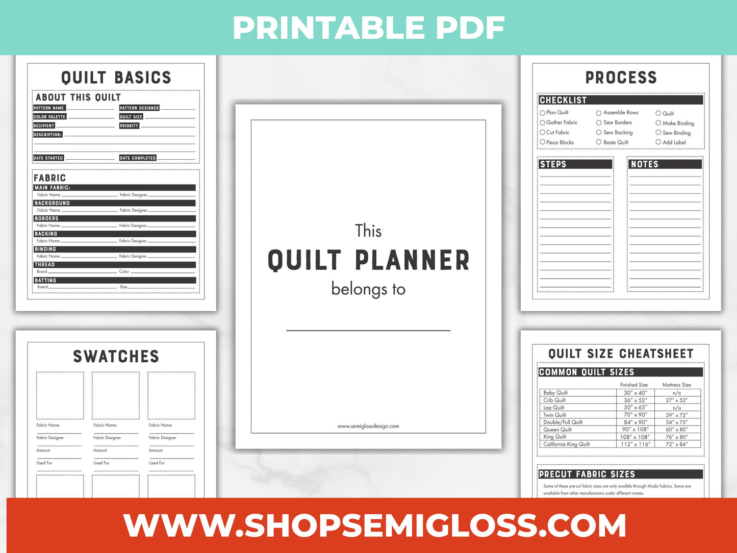 Quilt planner PDF pages with various sections on a white background, featuring text and checkboxes.