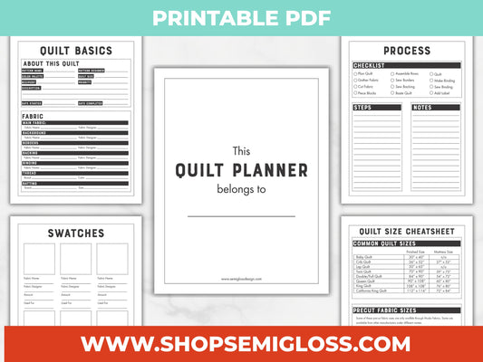 Quilt planner PDF pages with various sections on a white background, featuring text and checkboxes.