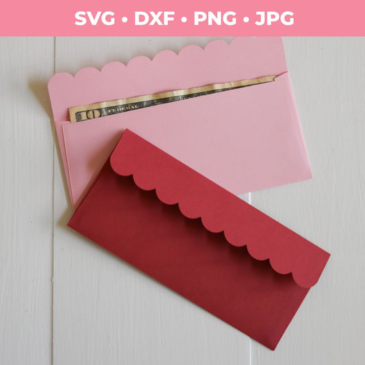 Two scalloped-edge envelopes, one pink and one red, on a light wooden surface with file formats listed above.